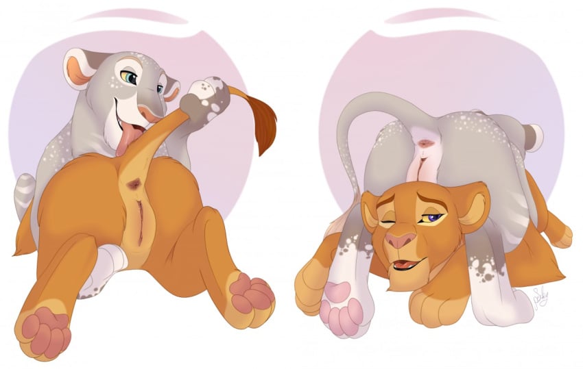 anus duo felid female female/female feral genitals licking lion mammal one_eye_closed open_mouth open_smile pantherine pawpads pussy raised_tail smile specky-arts tail tongue tongue_out