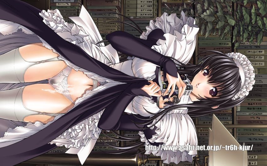 cum dress dress_lift highres kino_hitoshi legwear maid original panties pubic_hair see-through skirt skirt_lift solo stockings thighhighs underwear wallpaper