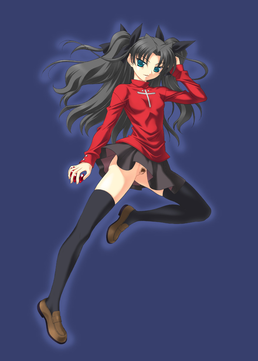 1girls black_hair fate/stay_night fate_(series) female female_only highres human long_hair miniskirt ngo no_panties pubic_hair skirt solo sweater thighhighs tied_hair tohsaka_rin twintails