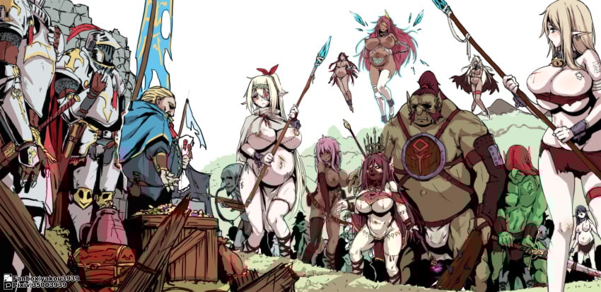 6+boys 6+girls amputee blonde_hair breasts crown crystal dark-skinned_female dark_skin elf eyepatch facial_hair fat fat_man floating_hair highres huge_breasts knight loincloth mage_staff multiple_boys multiple_girls mutton_chops nipple_chain nipple_piercing nipple_rings orc original outdoors piercing pink_hair pointy_ears polearm ponytail pregnancy_mark pregnant pubic_tattoo rags red_hair sky slave spear sword tattoo weapon white_sky wings yakou_(4507770)