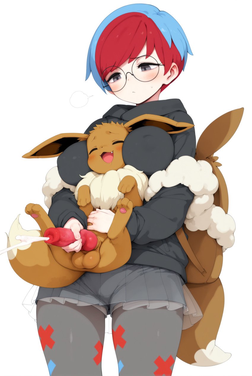 absurd_res ai_generated animal_genitalia animal_penis balls big_breasts breasts canine_genitalia canine_penis clothed clothing duo eevee ejaculation eyewear female feral generation_1_pokemon genitals glasses handjob hi_res holding_partner human knot male male/female mammal nintendo penile penis penny_(pokemon) pokemon pokemon_(species) sex simple_background white_background zoophilia