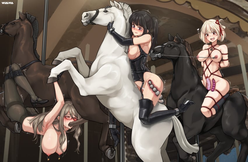 3girls absurdres anal anal_beads anal_object_insertion black_boots black_hair black_pantyhose blonde_hair boots breasts carousel dildo dildo_riding elbow_gloves glasses gloves grey_hair highres inoue_takina large_breasts long_hair lycoris_recoil medium_breasts multiple_girls nakahara_mizuki nipple_bells nipple_piercing nipple_rings nipples nishikigi_chisato object_insertion pantyhose piercing restrained sex_toy short_hair suspension thigh_boots twintails vaginal_object_insertion vaginal_penetration yaya_(17201490)