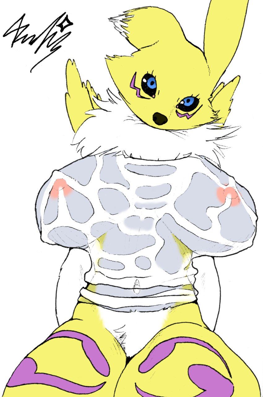 anthro bandai_namco big_breasts black_sclera blue_eyes bottomless breasts canid canine clothed clothing crotch_tuft digimon digimon_(species) facial_markings female fox head_markings hi_res huge_breasts leg_markings looking_at_viewer mammal markings neck_tuft nipples pubes realius renamon shirt simple_background sitting solo thick_thighs thigh_markings topwear traditional_media_(artwork) translucent translucent_clothing tuft wet wet_clothing wet_shirt wet_topwear