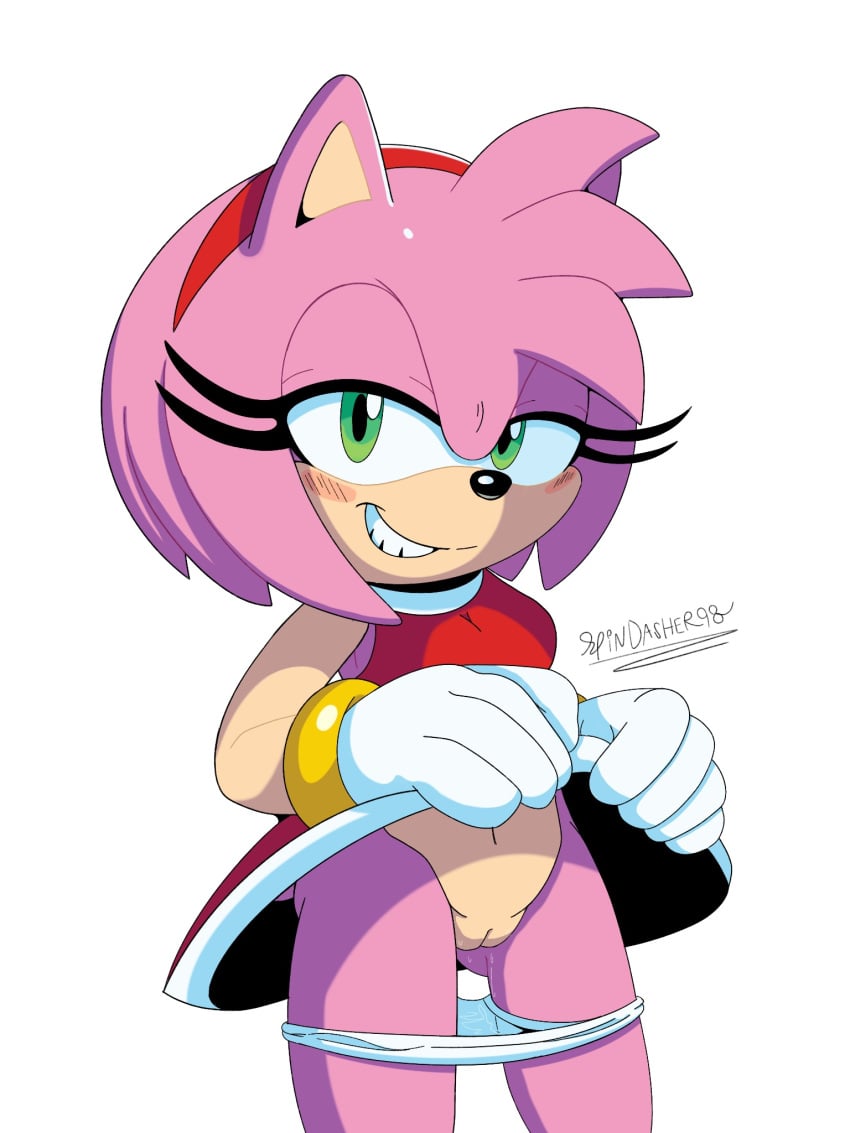 3:4 accessory amy_rose anthro black_nose blush blush_lines bracelet breasts clothed clothing dress eulipotyphlan female flashing flashing_pussy front_view fur genitals gloves green_eyes hair hair_accessory hairband handwear head_tuft hedgehog hi_res jewelry looking_at_viewer mammal navel panties panties_down partially_clothed pink_body pink_fur pink_hair pussy red_clothing red_dress sega short_hair simple_background smile solo sonic_(series) sonic_the_hedgehog_(series) spindasher98 tan_body tan_fur tuft underwear underwear_down white_background white_clothing white_gloves white_handwear white_panties white_underwear