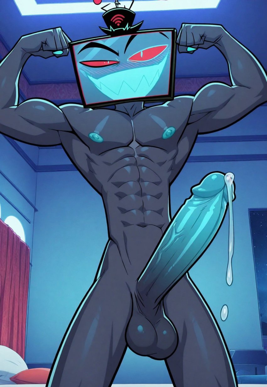 abs ai_generated bara big_balls blush gay glistening hazbin_hotel male male_only muscular muscular_male nipples pecs sideburns tv_head vox_(hazbin_hotel) wet yaoi