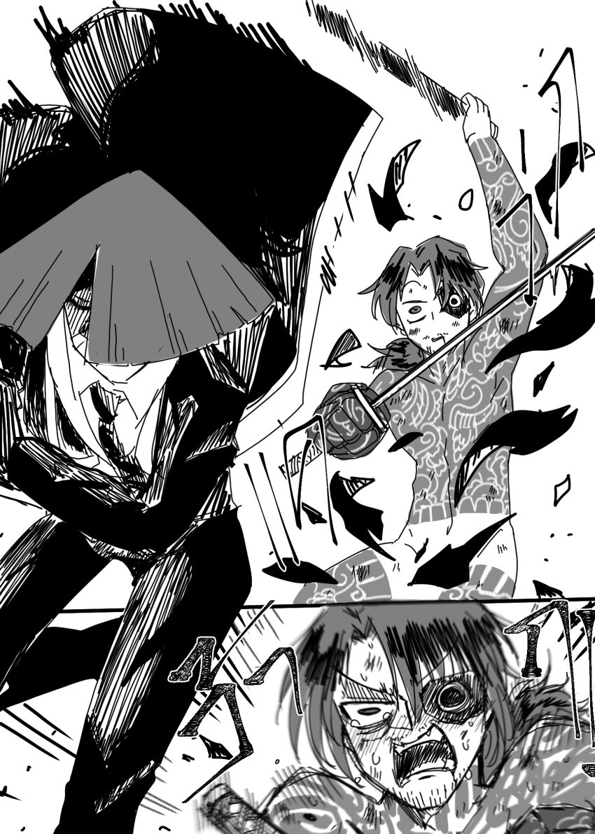 bamboo_hat black_and_white blush blush blush_lines combat covered_eye embarrassed embarrassed_male eyepatch facial_hair gregor_(limbus_company) greyscale limbus_company mechanical_arm meme meursault_(limbus_company) monochrome no_sex not_ai_generated nude nude_male project_moon ripped_clothing suit suit_and_tie sword tattoo tattoos teary_eyes tie tied_hair torn_clothes torn_clothing