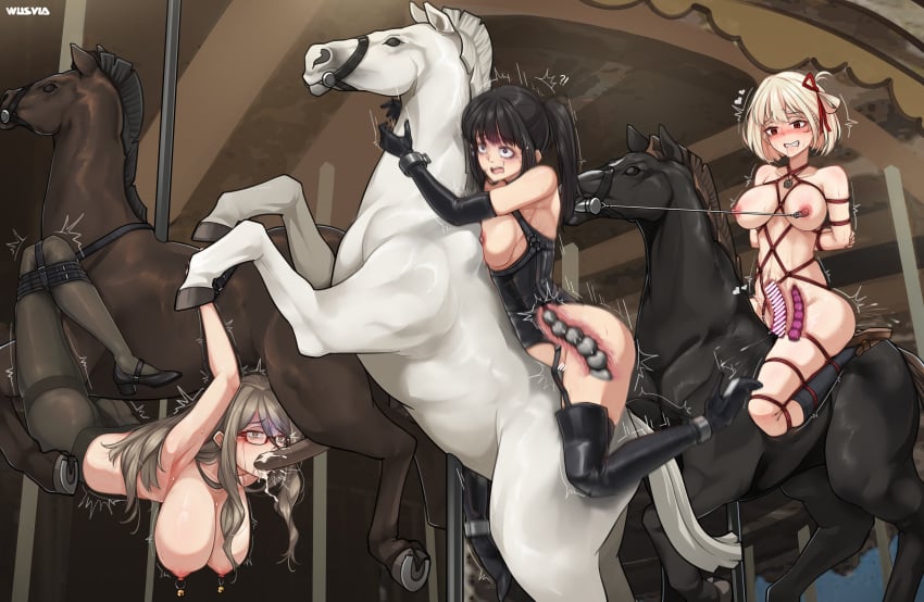 3girls absurdres anal anal_beads anal_object_insertion black_boots black_hair black_pantyhose blonde_hair boots breasts carousel dildo dildo_riding elbow_gloves glasses gloves grey_hair highres inoue_takina large_breasts long_hair lycoris_recoil medium_breasts multiple_girls nakahara_mizuki nipple_bells nipple_piercing nipple_rings nipples nishikigi_chisato object_insertion pantyhose piercing restrained sex_toy short_hair squirting_dildo suspension thigh_boots twintails vaginal_object_insertion vaginal_penetration yaya_(17201490)