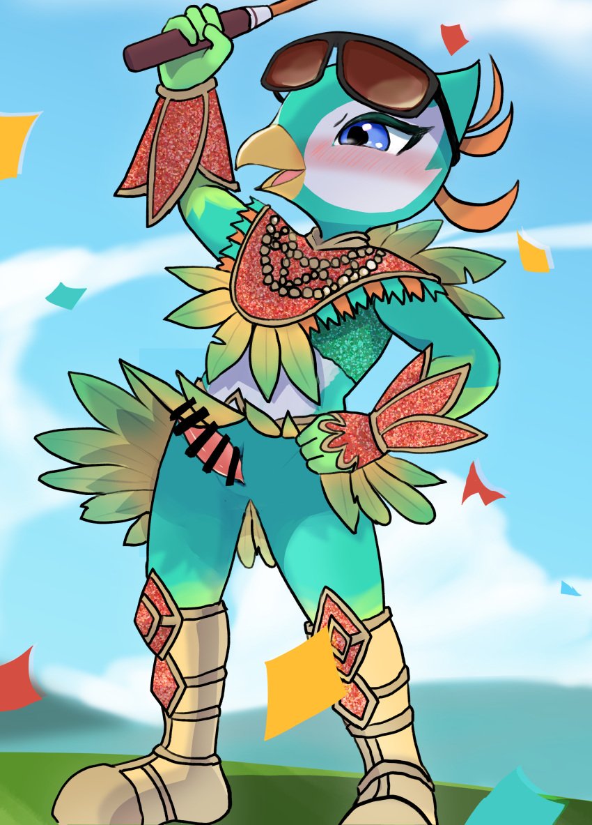 4_fingers absurd_res animal_genitalia anthro armor aroused aroused_smile avian beaded_breastplate beaded_clothing beads beak bird bird_body_(nintendo_switch_sports) blue_eyes blush boots bottomwear breastplate censored clothed clothing cloud colored commando confetti crop_top digital_drawing_(artwork) digital_media_(artwork) erection erection_under_skirt exposed eye_markings eyeliner eyewear eyewear_on_head facial_markings feathered_breastplate feathered_clothing feathered_skirt feathers femboy fingers flamboyant footwear gauntlets gem genital_slit genitals glistening glistening_eyes gloves golf golf_club golf_course grass grass_field green_arms green_body green_clothing green_crop_top green_face green_feathers green_hands green_legs green_shirt green_topwear hand_on_hip hand_on_own_hip handwear head_markings hi_res hill humanoid_hands makeup male markings mask_(marking) midday midriff milklemon5127 open_beak open_mouth open_smile orange_body orange_feathers penis pink_penis plant raised_arm raised_bottomwear raised_clothing raised_skirt red_breastplate red_clothing red_gauntlet samba_outfit shirt shoes skirt sky slit_penis smile solo sparkles sparkling_clothing sport sunglasses sunglasses_on_head tan_boots tan_clothing tan_footwear tongue topwear tournament victory victory_pose white_bosy white_eye_markings white_face white_facial_markings white_head_markings white_markings white_mask_markings white_torso wind wind_lift yellow_beak
