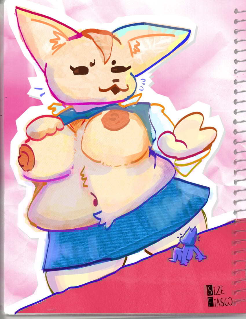 absurd_res aggretsuko anthro blue_clothing breasts canid canine clothed clothing duo extreme_size_difference female female/female female_pred fennec_fox fenneko fox hi_res larger_female macro mammal micro nipples overweight sanrio size_difference sizefiasco topless true_fox