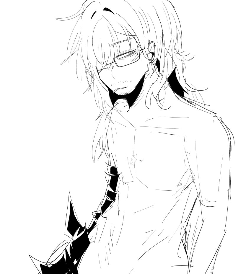 bare_chest black_and_white bug_features cigarette facial_hair fluffy_hair glasses gregor_(limbus_company) limbus_company long_hair monochrome naked no_sex not_ai_generated project_moon sketch sole_male