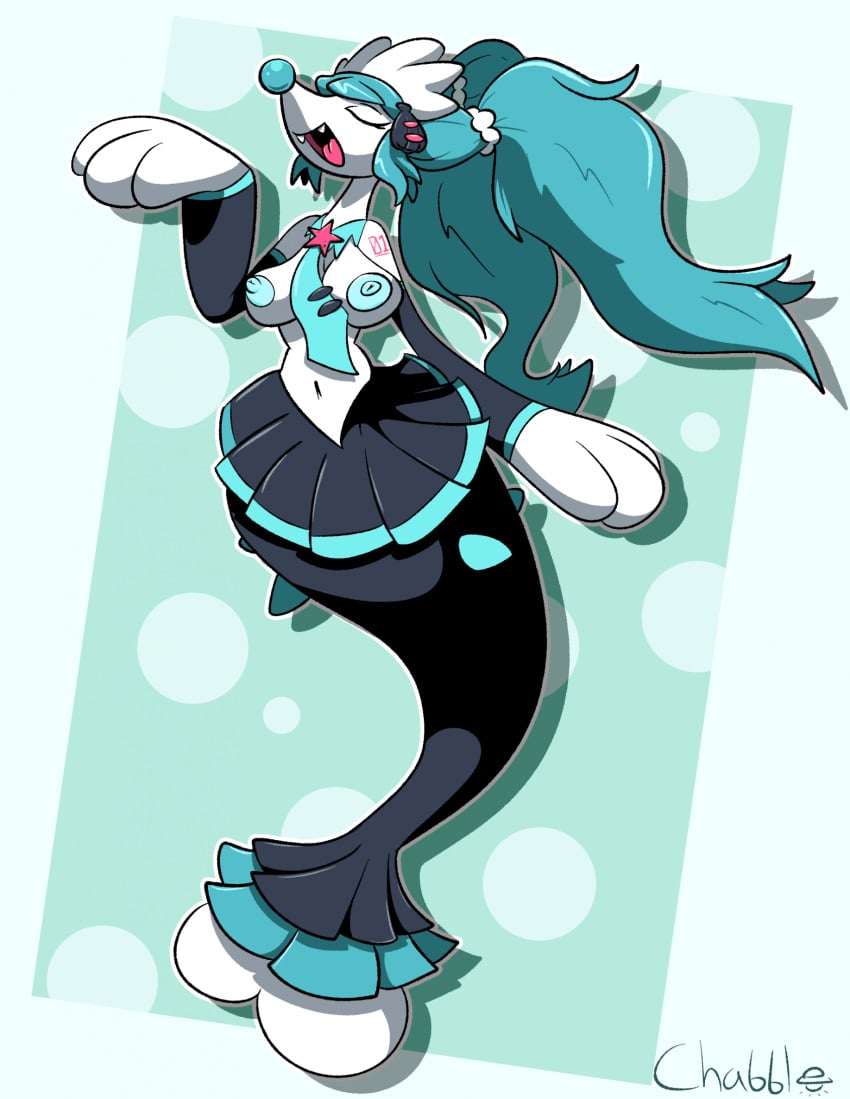 alternate_species anthro armwear artist_name blue_hair blue_nipples blue_nose bottomwear breasts chabble closed_eyes clothed clothing detached_sleeves exposed_breasts fans female fin generation_7_pokemon hair hatsune_miku hi_res medium_breasts midriff necktie nintendo nipples open_mouth pokemon pokemon_(species) primarina signature skirt solo text topless topless_female twintails_(hairstyle) vocaloid
