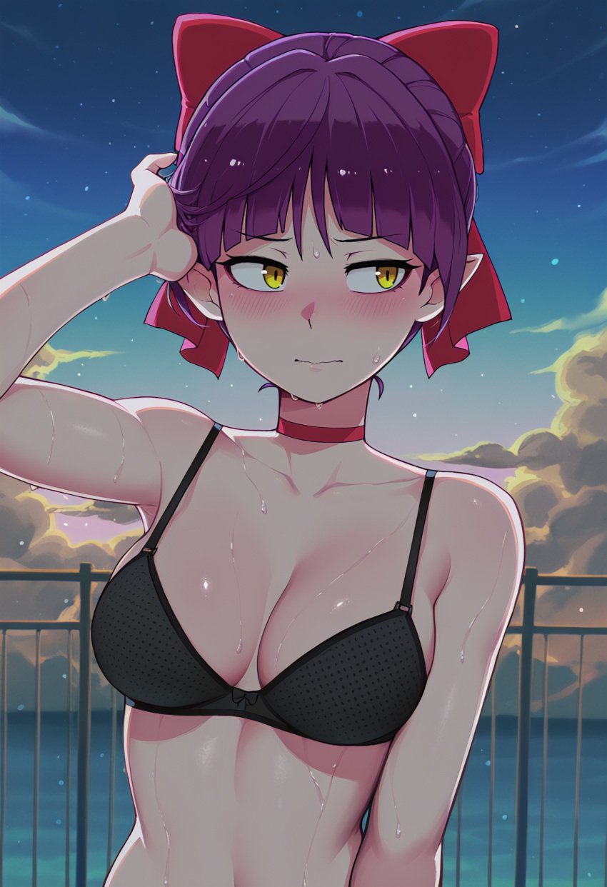 arm_up black_bra blush bow bra breasts choker cleavage closed_mouth cloud cloudy_sky collarbone embarrassed evening female gradient_sky hairbow hand_in_own_hair looking_to_the_side medium_breasts nekomusume night night_sky outdoors pointy_ears polka_dot_bra purple_hair railing red_bow red_choker shiny_skin short_hair sky slit_pupils solo star_(sky) starry_sky sunset sweat twilight underwear underwear_only upper_body wet yellow_eyes