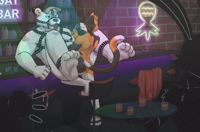 alcohol anal anal_sex anthro balls bear bearvan beverage bodily_fluids bondage calico_cat cum domestic_cat duo emiwcat felid feline felis first_person_view furniture genital_fluids genitals harness hi_res humanoid_genitalia humanoid_penis hunter_(hhdrawer) internal_pov leather male male/male mammal markings nudepenetration penetration penile penile_penetration penis penis_in_ass polar_bear public public_nudity public_sex sex sex_toy size_difference table table_sex tail ursine vein veiny_penis