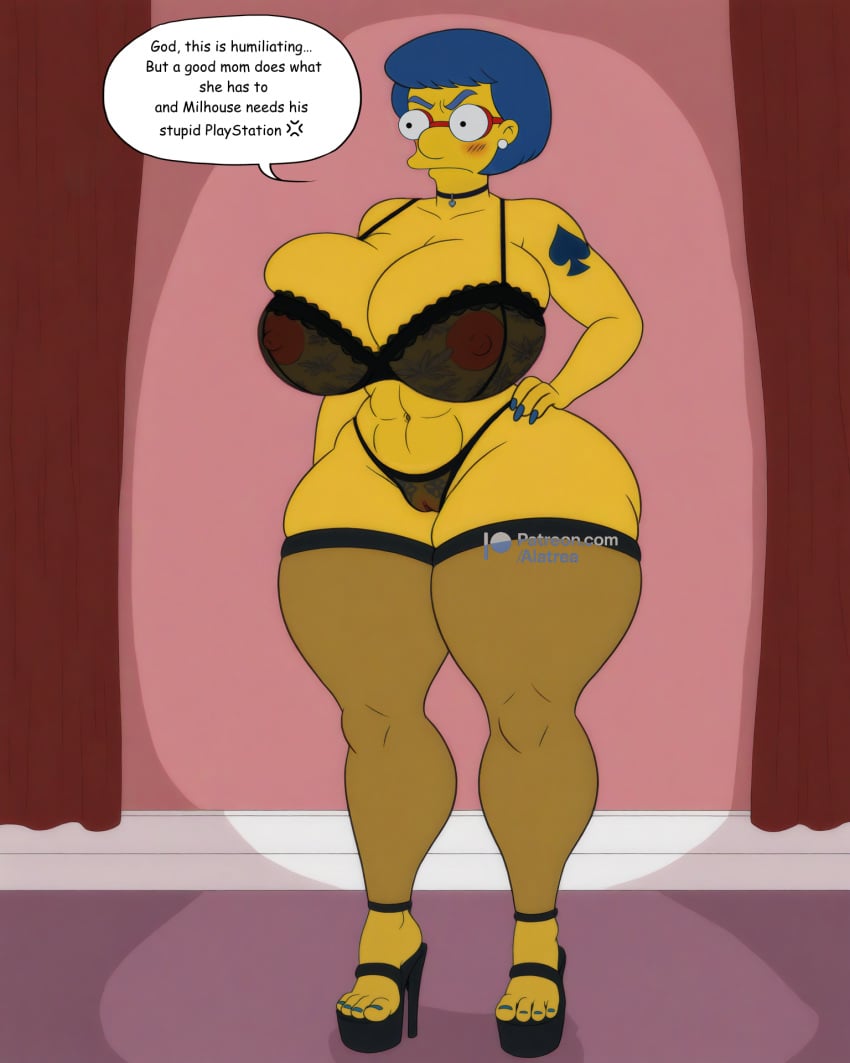 abs ai_generated alatrea blue_hair blush bottom_heavy bursting_breasts cleavage_overflow curvy embarrassed feet female glasses high_heels hourglass_figure huge_breasts huge_hips huge_thighs lace_bra lace_panties long_nails luann_van_houten milf pussy see-through_bra see-through_panties solo spade_tattoo stockings stripper the_simpsons thicc thick_ass thick_calves thick_hips thick_legs thick_thighs thong toes vagina voluptuous whore wide_hips yellow_skin