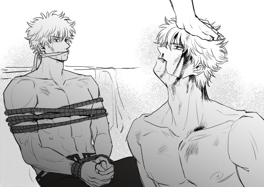 blood blood_on_face bound bound_wrists canomang gag gagged gay gintama gintoki_sakata hand_on_another's_head male male_only malesub monochrome muscular muscular_male nosebleed restrained reverse_ryona rope rope_bondage solo_focus topless topless_male yaoi