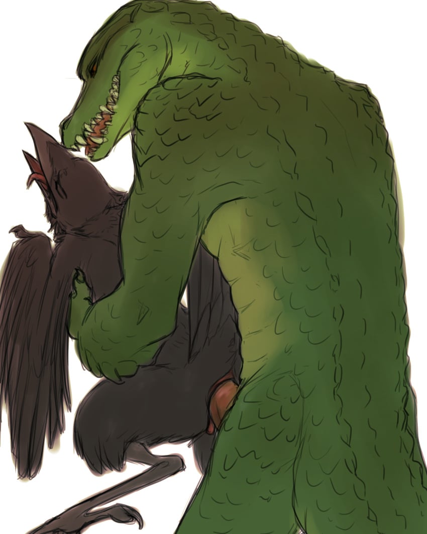 4:5 aarakocra_(dnd) animal_genitalia anthro anthro_on_anthro avian avian_feet bird black_body black_feathers cloaca cloacal cloacal_penetration corvid corvus_(genus) crocodile crocodilian crow dungeons_and_dragons duo feathers from_behind_position genitals green_body green_scales hasbro hi_res kleek lifting_partner lizardfolk_(dnd) lizardman male male/male oscine passerine penetration peregr1ne raised_tail reptile scales scalie sex simple_background size_difference tail tongue tongue_out white_background wings wizards_of_the_coast