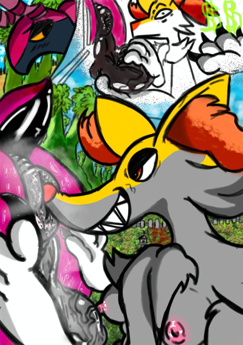 anal anthro anthro_on_feral anus ass ball_fondling balls blush bodily_fluids braixen breasts butt_focus butt_grab butt_sniffing canid canine colored duo female feral fondling generation_5_pokemon generation_6_pokemon genitals hand_on_butt hi_res huebtantio male male/female mammal nintendo nipples nude oral pokemon pokemon_(species) rimming scolipede sex simple_background smile sniffing