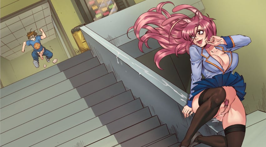 1boy 2girls animal_ears blush breasts brown_hair bunny_(hentai_heroes) cat_ears cg cleavage covered_nipples cum female female_pubic_hair hentai_heroes hero_(hentai_heroes) kinkoid large_breasts long_hair multiple_girls no_bra no_panties official_art open_mouth parody penis pink_hair pubic_hair pussy pussy_juice school_uniform shirt shoes skirt smile socks stairs straight thighhighs uncensored