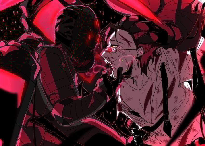 blood_on_face bloodfiend blush blush blush_lines glasses gold_eyes gregor_(limbus_company) limbus_company not_ai_generated open_clothes open_mouth open_shirt panting project_moon sensual wound wounded