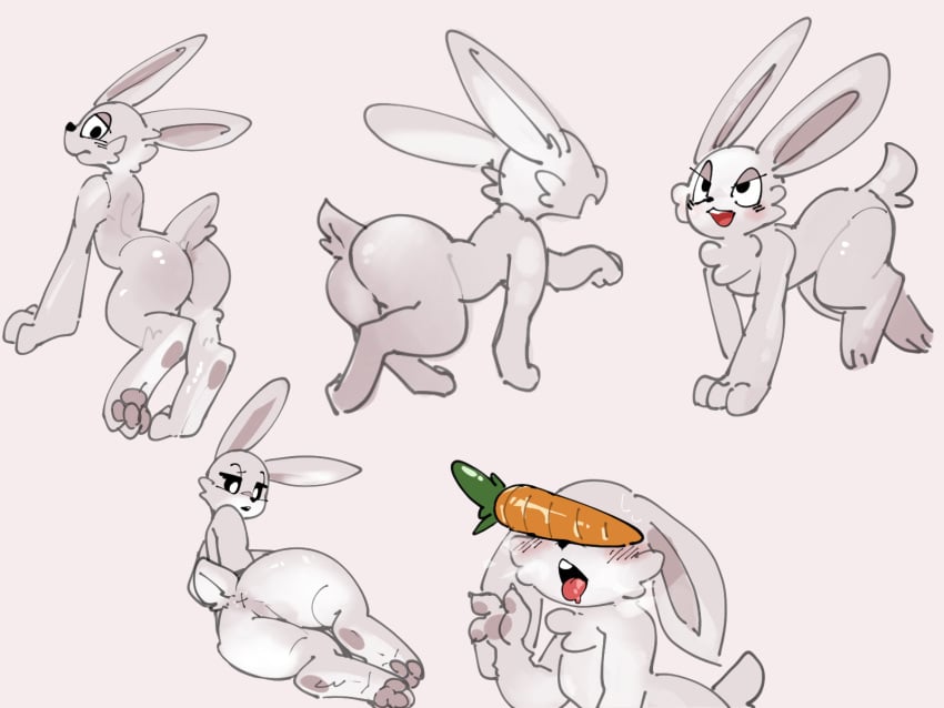 4:3 anthro anus ass black_eyes black_nose carrot fan_character female food fur hi_res lagomorph leporid light_blush mammal netchy_boo open_mouth plant rabbit rabbit_ears scut_tail short_tail simple_background simple_eyes solo tail vegetable white_background white_body white_fur x_anus