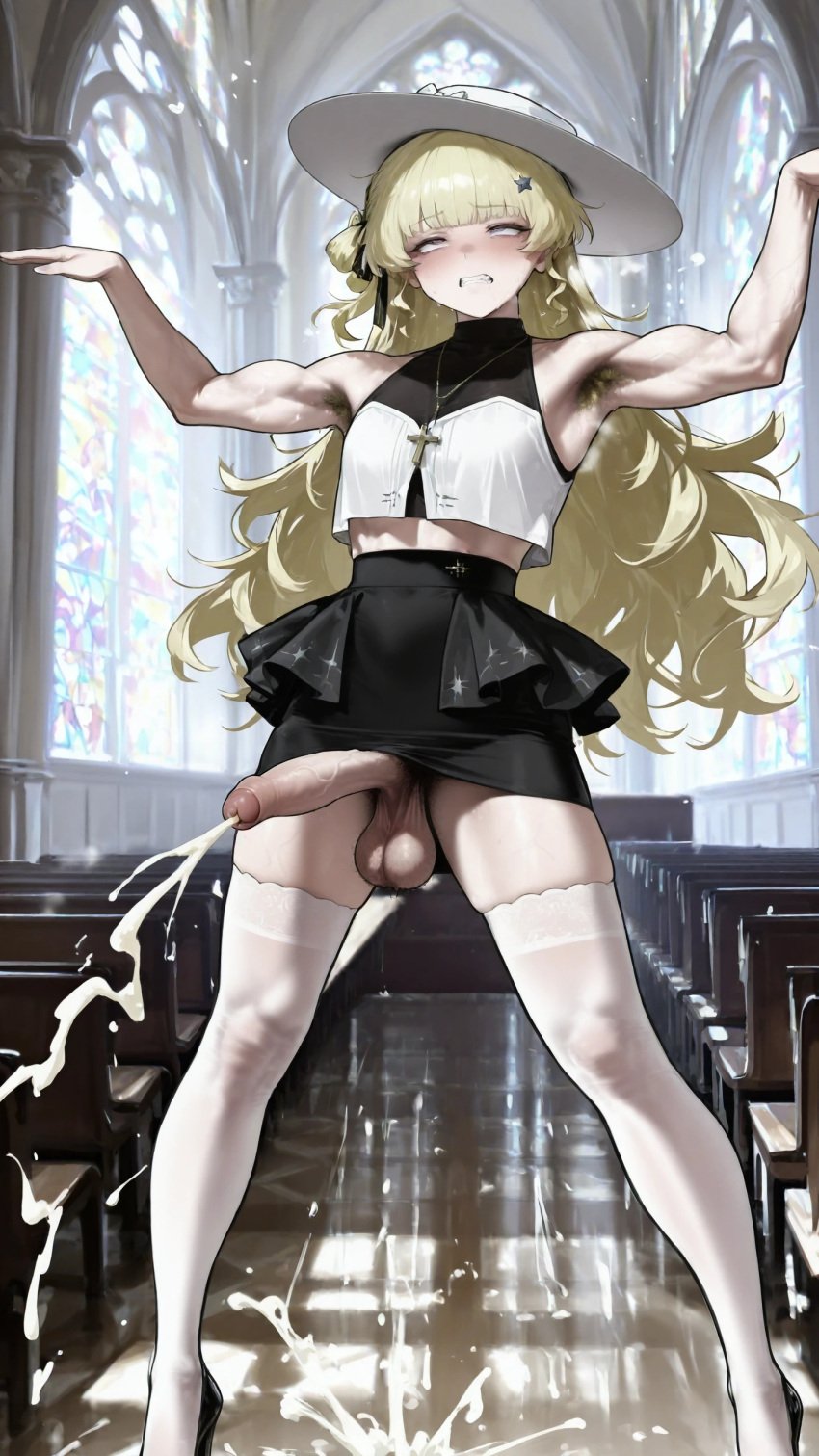 1femboy ai_generated blonde_hair commentary croptop erection from_above futanari hair_ornament heart highres holding_penis long_hair looking_at_viewer muscular pencil_skirt penis pheobe_(wuthering_waves) small_breasts tight_pencil_skirt uncensored veiny_penis wuthering_waves yuuki_snow