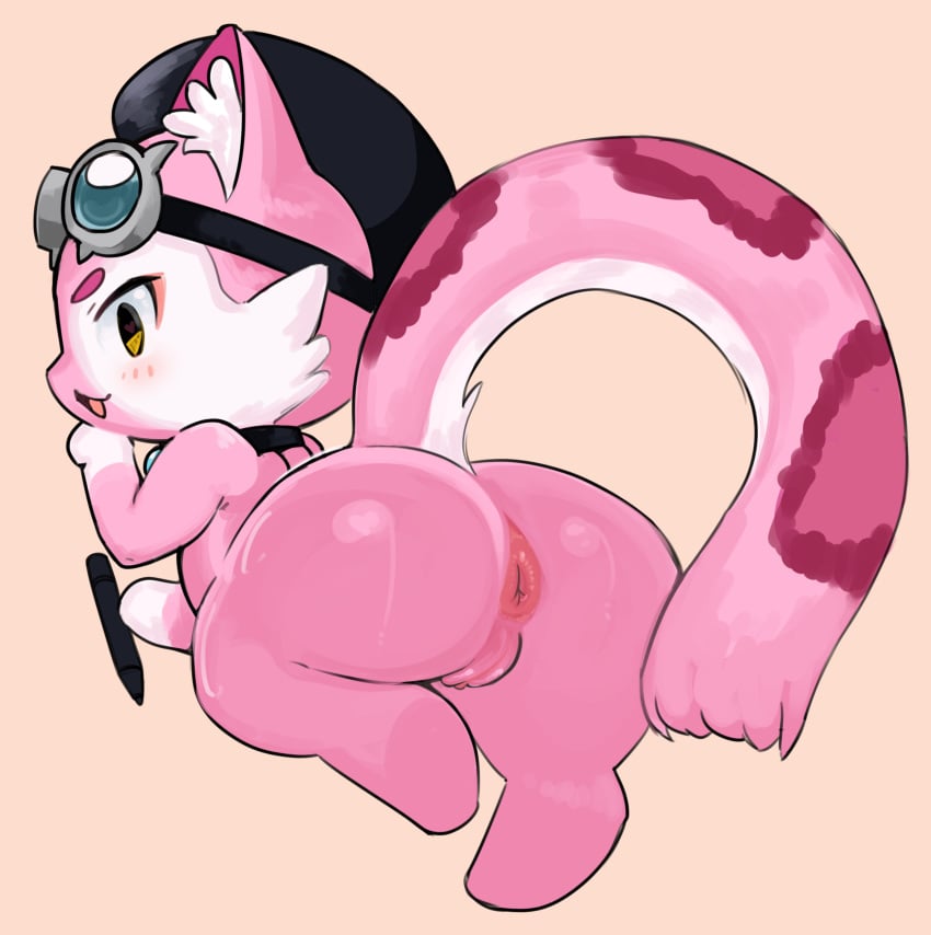 absurdres animalization anus arrivedcold ass beret female furry furry_female goggles goggles_on_head hat highres holding holding_stylus hololive hololive_english hololive_english_-justice- pink_fur pussy raora_panthera raora_panthera_(panther) solo stylus virtual_youtuber yellow_eyes