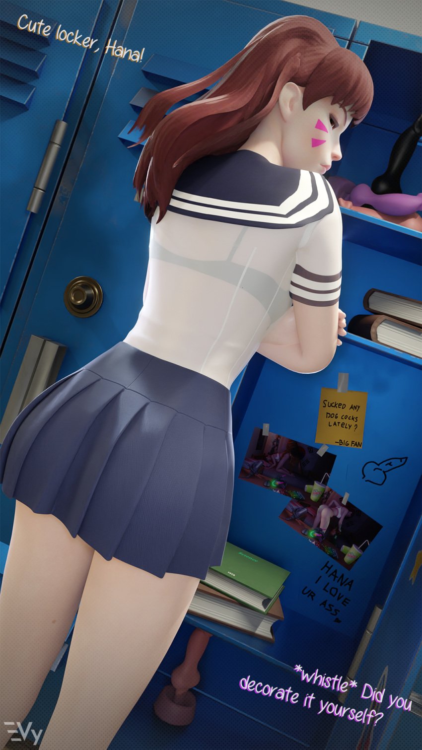 1girls 3d blender blizzard_entertainment bra_visible_through_clothes brown_eyes brown_hair bullying canine_dildo canine_penis clothed clothing d.va dildo english_text female female_focus locker marker multiple_boys overwatch picture sailor_uniform school school_uniform schoolgirl skirt standing tagme text translucent_clothing vulpeculy writing zoophilia