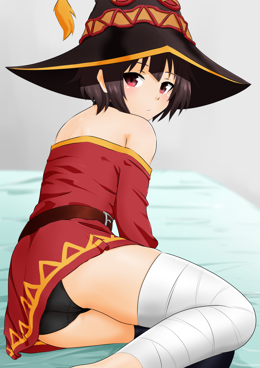 1girls ass bandage bandaged_leg belt black_panties girls_only hat kono_subarashii_sekai_ni_shukufuku_wo! looking_at_viewer looking_back megumin panties red_dress red_eyes short_hair sirokohi solo solo_female tagme upskirt witch_hat