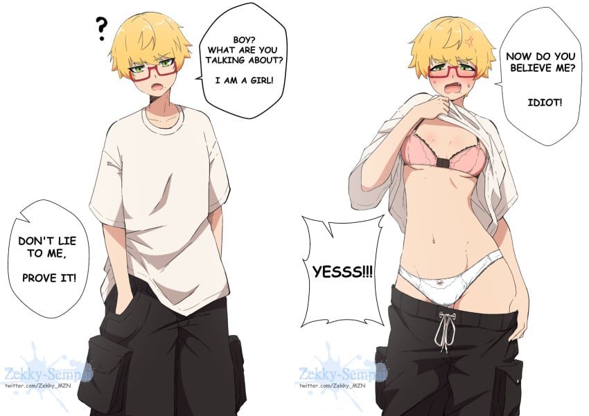 androgynous annoyed baggy_clothing blonde_hair blush crossdressing crossdressing_female cute_fang dialogue embarrassed gender_confusion glasses hidden_curves lingerie original original_character reverse_trap short_hair sweat text tomboy undressing very_short_hair zekkymzn