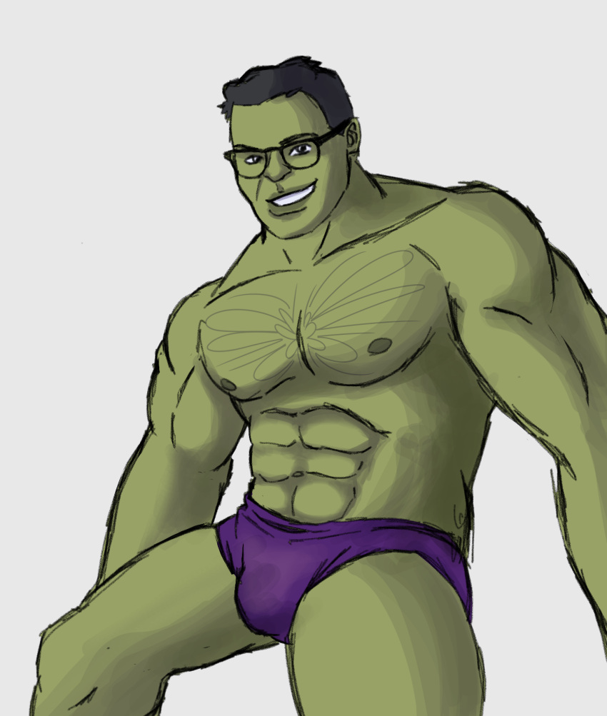 drawfag drawthread_request glasses green_skin half-dressed hulk hulk_(series) male_focus male_only mark_ruffalo marvel marvel_cinematic_universe muscles muscular professor_hulk solo_male underwear