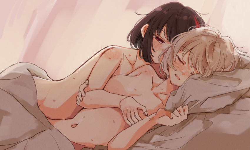 2girls aoba_moca bang_dream! black_hair breast_grab breasts closed_eyes completely_nude female female_only grabbing grey_hair highres human_only lesbian lying mitake_ran multicolored_hair multiple_girls nude nude_female on_bed pillow pillow_grab red_hair short_hair streaked_hair sweat yuri zawameki