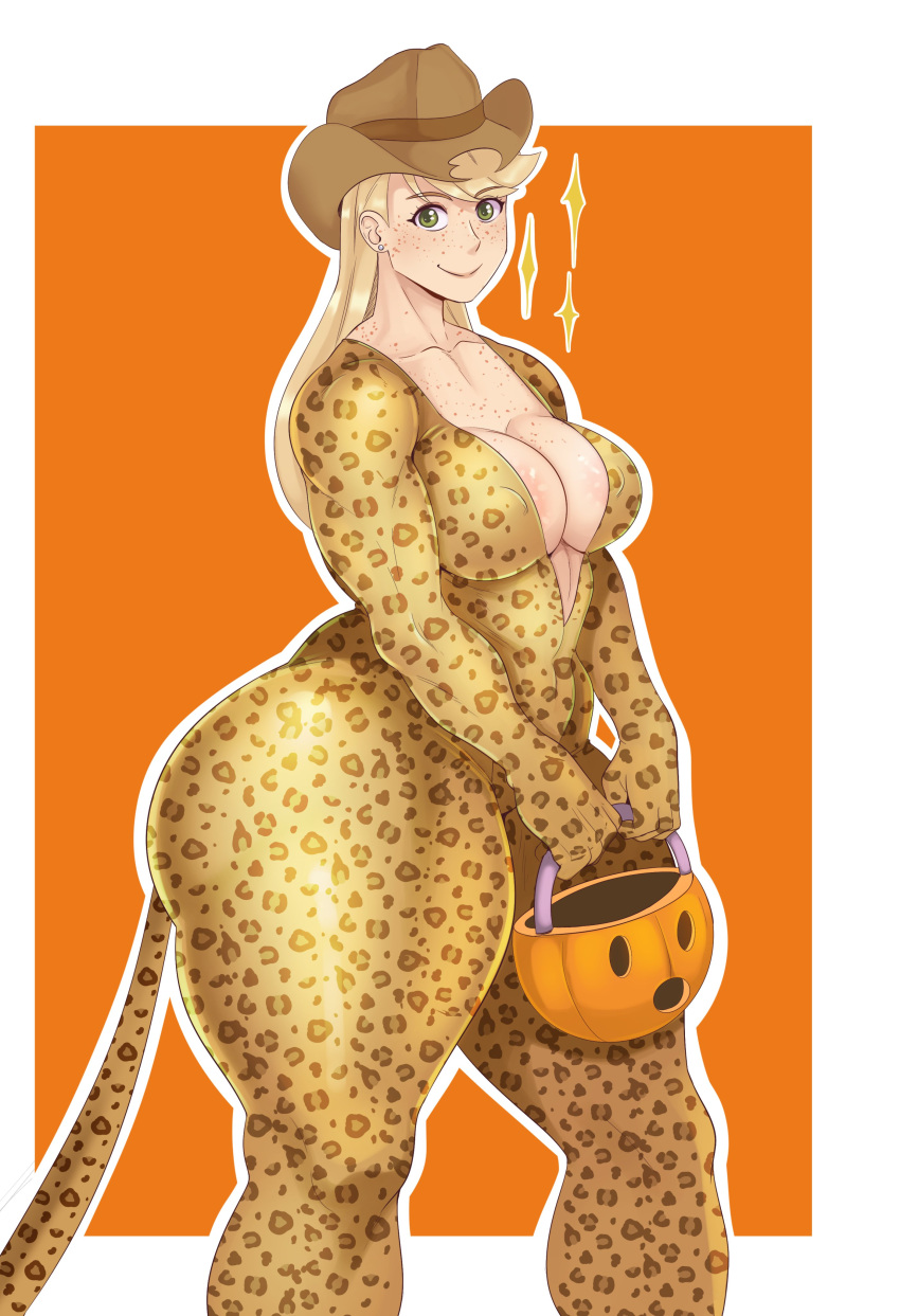 applejack_(mlp) blonde_hair cleavage costume freckles friendship_is_magic halloween hasbro holidays humanized hyper hyper_thighs jaguar_print light-skinned_female light_skin looking_at_viewer my_little_pony straight_hair sunnysundown thick_thighs thunder_thighs