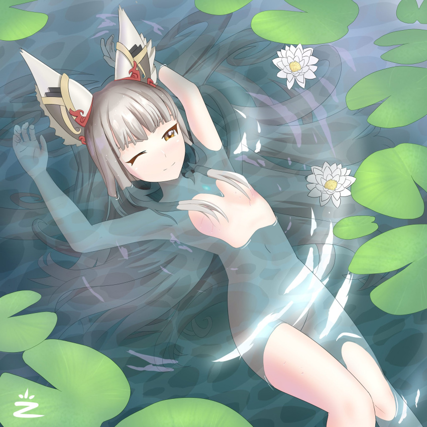 animal_ears cat_ears in_water long_hair nia nia_(blade) nia_(xenoblade) nintendo relaxed small_breasts wink xenoblade_(series) xenoblade_chronicles_2 zambonito