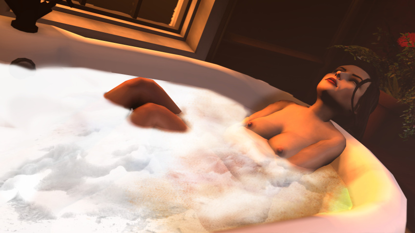 1girls 1kmspaint 3d 3d_(artwork) bathing bathtub bioshock bioshock_infinite black_hair burial_at_sea busty elizabeth_comstock eyeshadow female female_focus female_only hourglass_figure lipstick long_hair makeup pale-skinned_female pale_skin posing solo