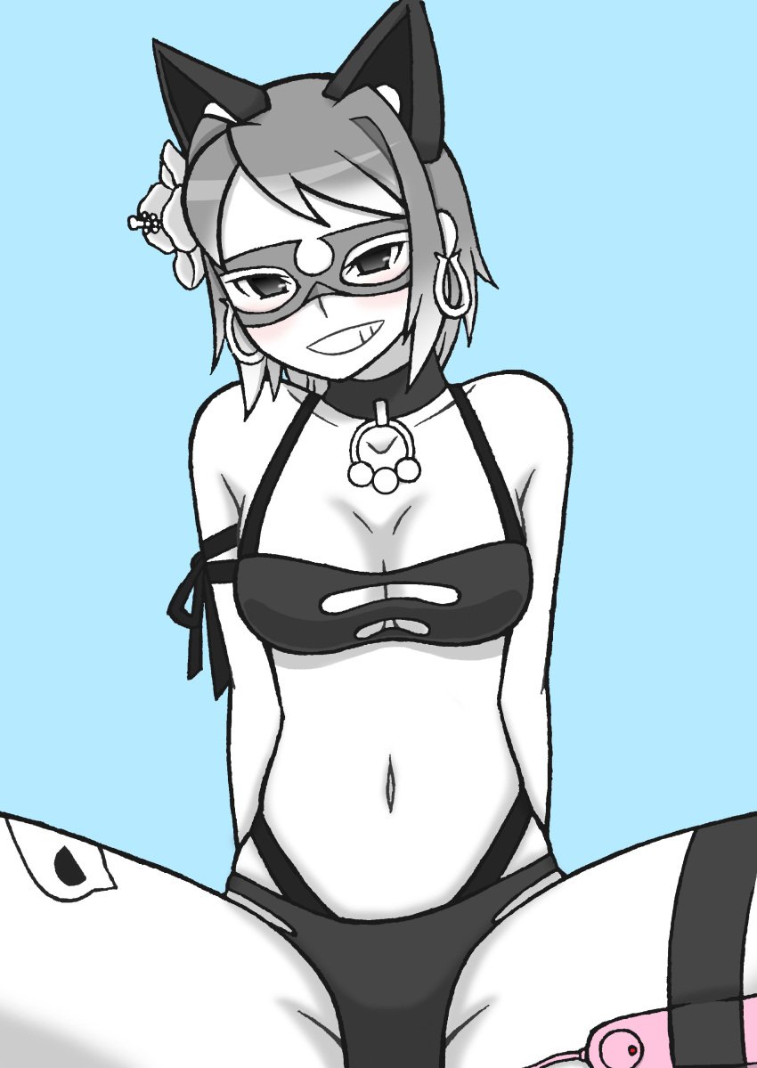 between_legs between_thighs bikini black_bikini black_cat_(the_battle_cats) black_swimsuit breasts cat_bell cat_ears collar eyewear flower_in_hair goggles grey_hair hibiscus looking_at_viewer naughty_face remote_control_vibrator smiling smiling_at_viewer swimsuit tagme the_battle_cats thigh_strap thighs vibrator vibrator_on_thigh