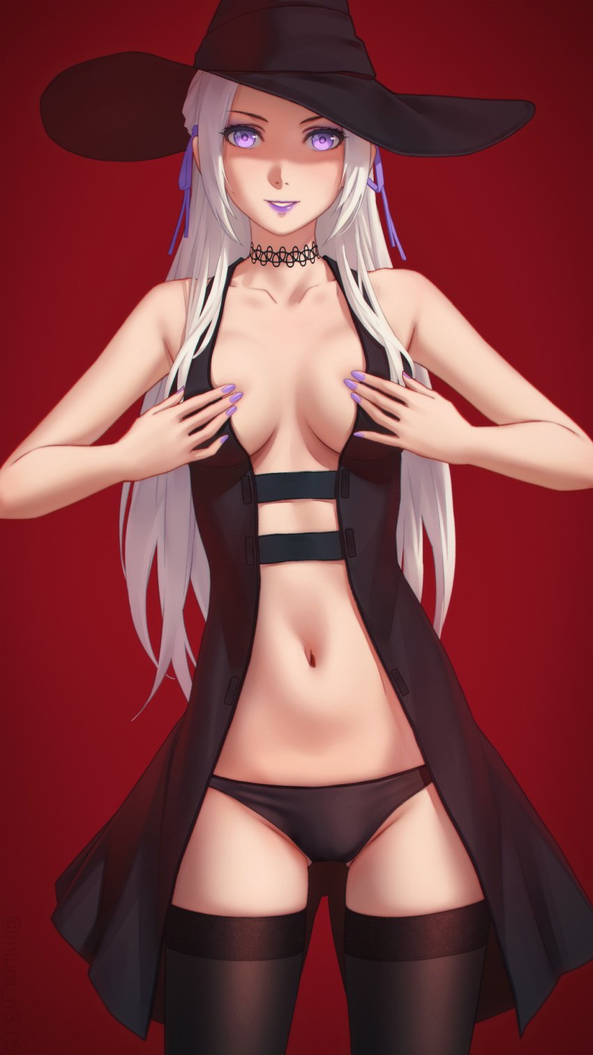 1girls alternate_costume black_dress black_legwear black_panties blue_eyes breasts breasts_apart choker covering_nipples cowboy_shot dress edelgard_von_hresvelg female fire_emblem fire_emblem:_three_houses hair_ribbon halloween halloween_costume hat highres lipstick long_hair looking_at_viewer makeup medium_breasts miura-n315 nail_polish navel nintendo panties purple_eyes purple_lips purple_lipstick purple_nails purple_ribbon red_background revealing_clothes ribbon smile solo thighhighs underwear white_hair witch_hat