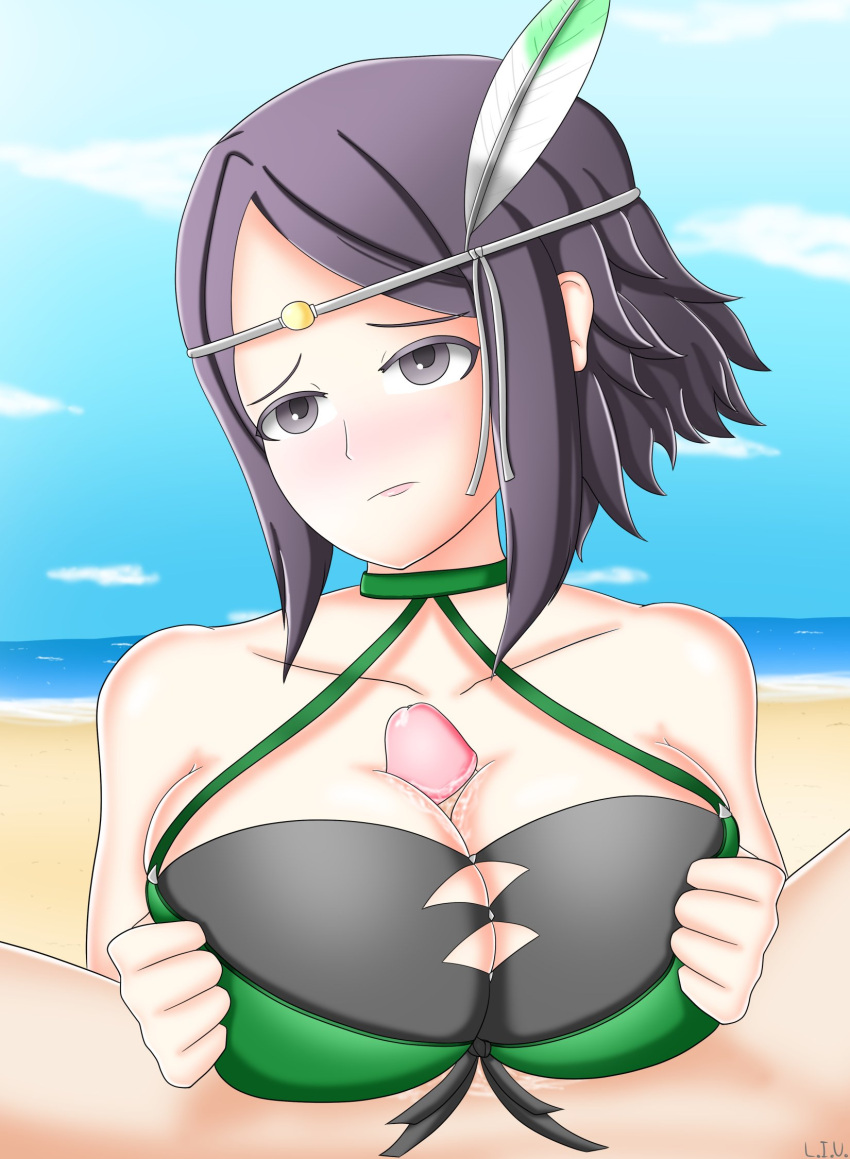 1girls alternate_breast_size alternate_costume bare_shoulders beach big_breasts bikini black_hair breast_squeeze breasts cleavage collarbone day feathers female_focus fire_emblem fire_emblem_awakening fire_emblem_heroes frown green_bikini green_swimsuit grey_eyes hair_ornament huge_breasts large_breasts liu_(lewd_it_up) noire_(fire_emblem) noire_(summer)_(fire_emblem) ocean official_alternate_costume paizuri paizuri_lead_by_female paizuri_on_lap pov sand shoes sky solo_focus straight swimsuit