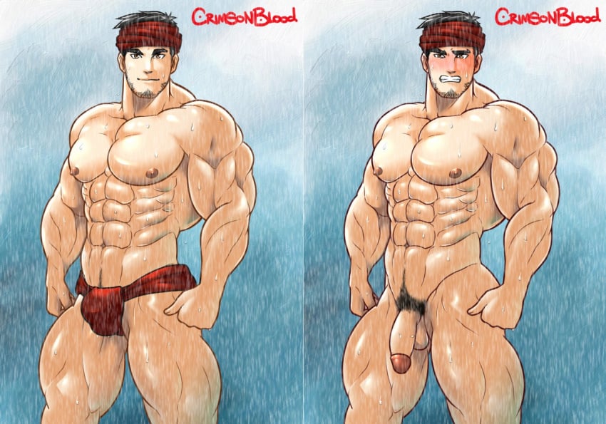 1boy abs black_hair blush chang_mai cowboy_shot crimsonblood erect_nipples facial_hair feet_out_of_frame flaccid_penis fundoshi male_only muscular_male nude original_character pecs penis pubic_hair rain raining red_headwear red_underwear scarletblood thai thailand