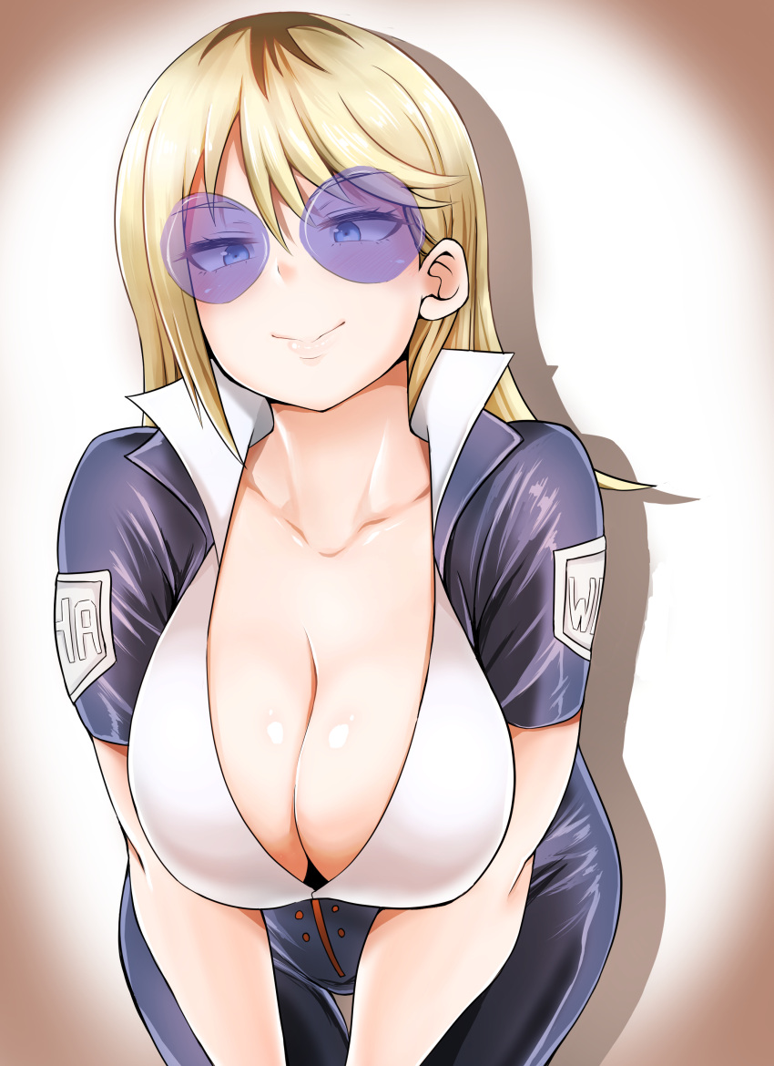 1girls absurd_res adahcm bent_over big_breasts blonde_hair blue-tinted_eyewear blue_eyes bodysuit breasts claire_voyance_(my_hero_academia) cleavage closed_mouth collarbone collared_shirt dot_nose down_blouse female gradient gradient_background hi_res large_breasts long_hair looking_at_viewer multicolored_background my_hero_academia my_hero_academia_the_movie:_world_heroes’_mission orange_background purple-tinted_eyewear rimless_eyewear round_eyewear shiny shiny_skin shirt simple_background smile solo standing sunglasses superhero thigh_gap tinted_eyewear white_background