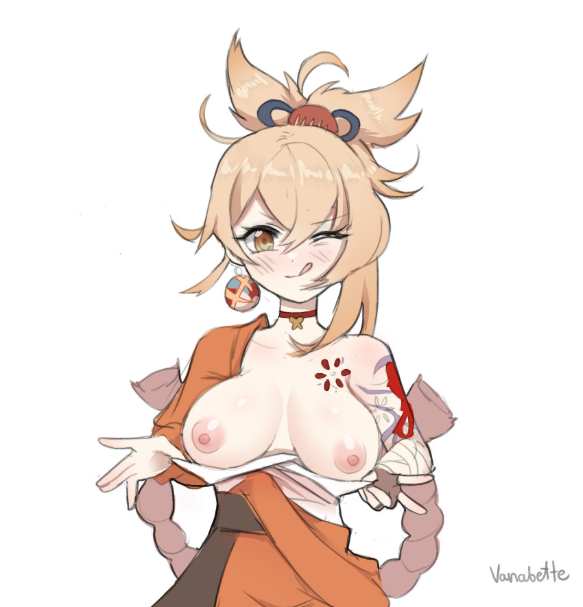 :d :p blonde_hair blush breasts breasts_out genshin_impact licking_lips ponytail presenting_breasts v vanabette wink yoimiya_(genshin_impact)