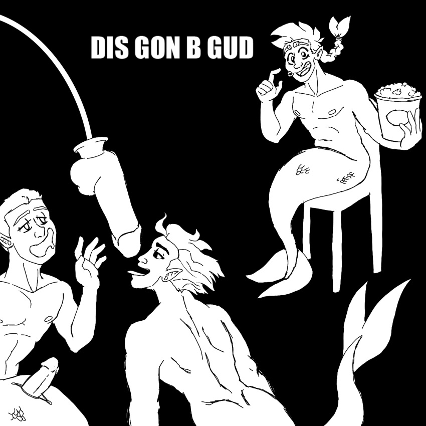 bait bara dildo drawfag drawthread_request fishtail gay male_focus male_only meme merfolk merman monochrome muscles muscular yaoi