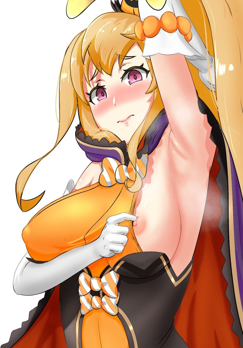 _deuce armpits blush breasts cygames dragalia_lost elisanne eyebrows_visible_through_hair halloween nintendo nipples ribbon shy teasing white_background