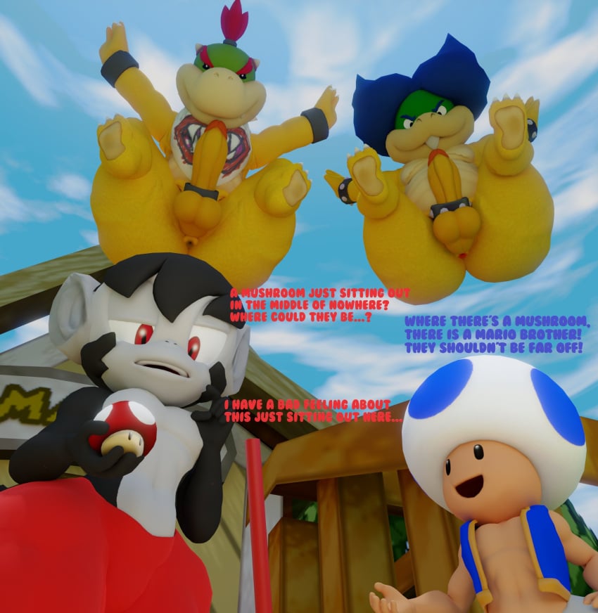 3d 3d_(artwork) 4boys anus balls bib black_body blue_hair blue_toad bowser_jr. doommusk falling hi_res koopa koopaling landing lire_(doommusk) ludwig_von_koopa male male/male mario_(series) mario_bros mask monkey mushroom mushroom_humanoid nintendo oc penis primate red_hair smile super_mario_bros. text toad_(mario) turtle yellow_body