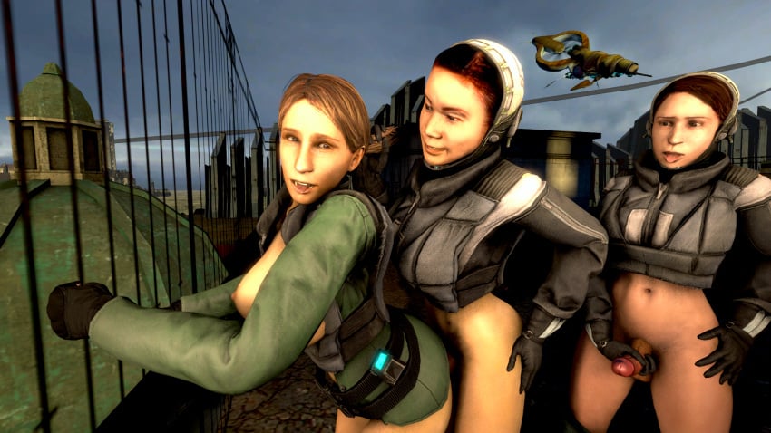 1girls 2futas 3d against_wall bottomless breasts citizen citizen_(half-life_2) citizen_(half-life_series) civil_protection_(half-life_series) clothed clothing dragonatorsrc erection exposed_breasts female female_penetrated from_behind futa_on_female futanari half-life half-life_(series) half-life_2 hand_on_hip light-skinned_female light-skinned_futanari masturbation metrocop partially_clothed questionable_consent rebel_(half-life_2) rooftop smile source_filmmaker source_request standing tongue_out waiting_in_line