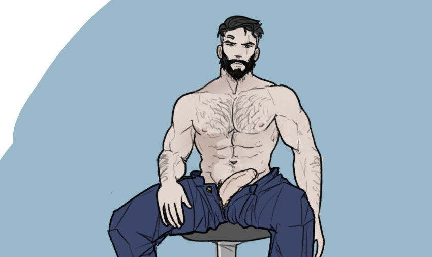 1boy beard body_hair drawfag drawthread_request erection hairy_chest half-dressed james_ironwood male male_focus male_only muscles muscular pants_unbuttoned rwby shirtless solo_male uncut