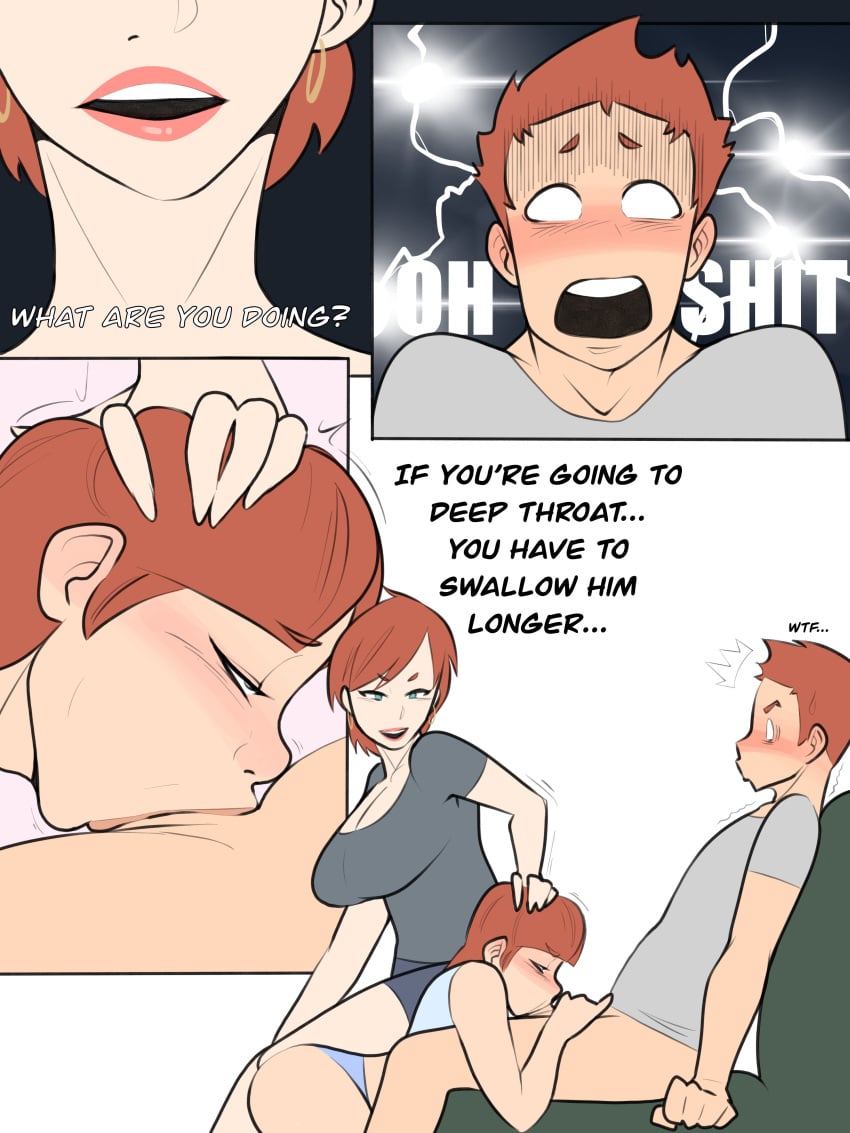 2d bangs blowjob brother_and_sister caught caught_in_the_act deepthroat fellatio female human human_female human_male human_penetrated incest jopuari male mother mother_and_son oral oral_sex original pale-skinned_female pale_skin red_hair shocked sister surprised tagme text