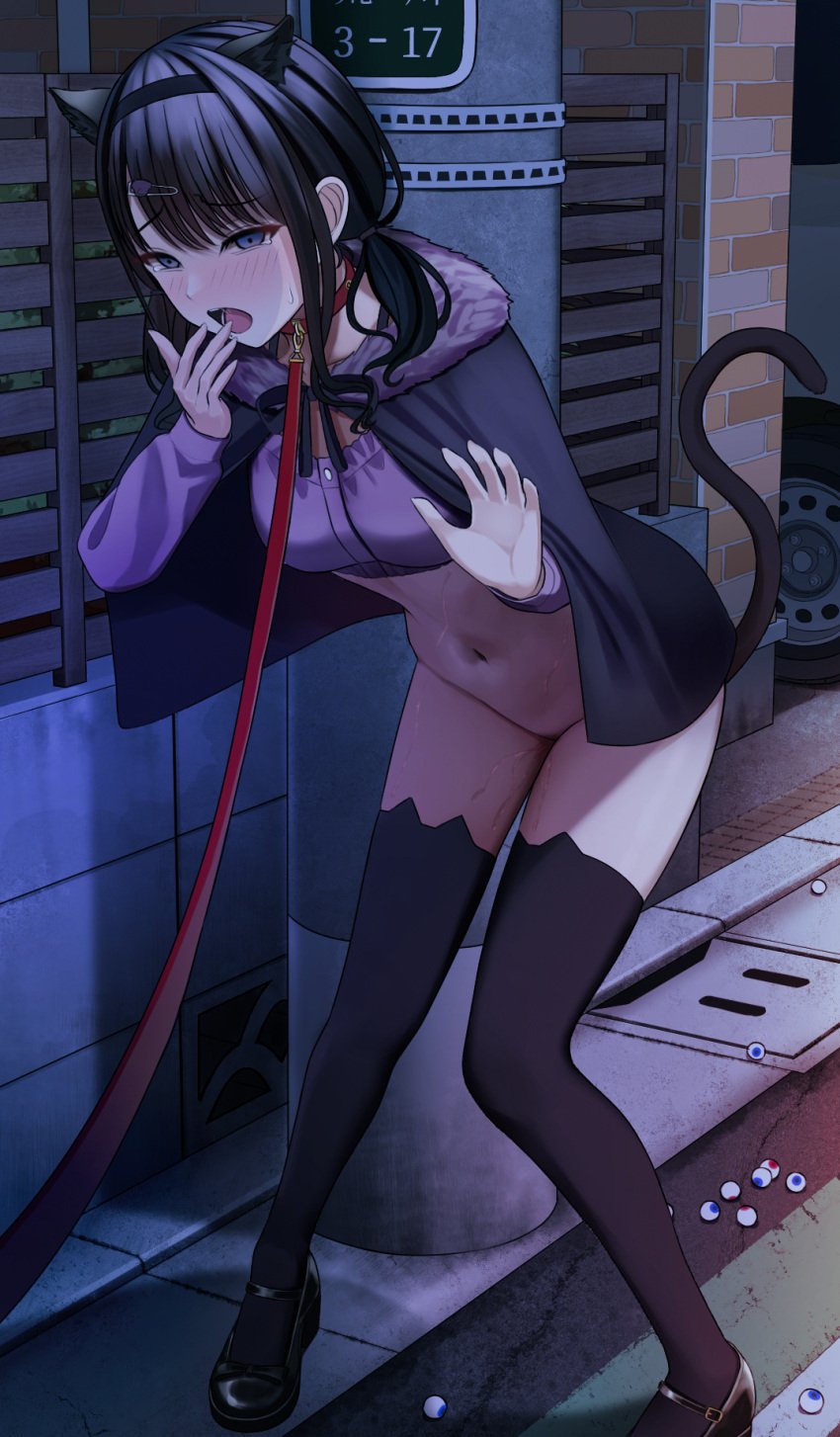 animal_ears bangs black_cape black_footwear black_hair black_hairband black_legwear blush bondage breasts cape cat_tail collar crop_top empty_eyes exhibitionism eyebrows_visible_through_hair fake_animal_ears fake_tail female groin hair_ornament hairband hairclip highres idolmaster idolmaster_shiny_colors kazano_hiori leaning_forward leash long_sleeves looking_down low_twintails medium_breasts navel night no_bra nose_blush open_mouth outdoors petplay pole pov purple_eyes pussy_juice slave solo standing sweat tail tears thighhighs turisasu twintails