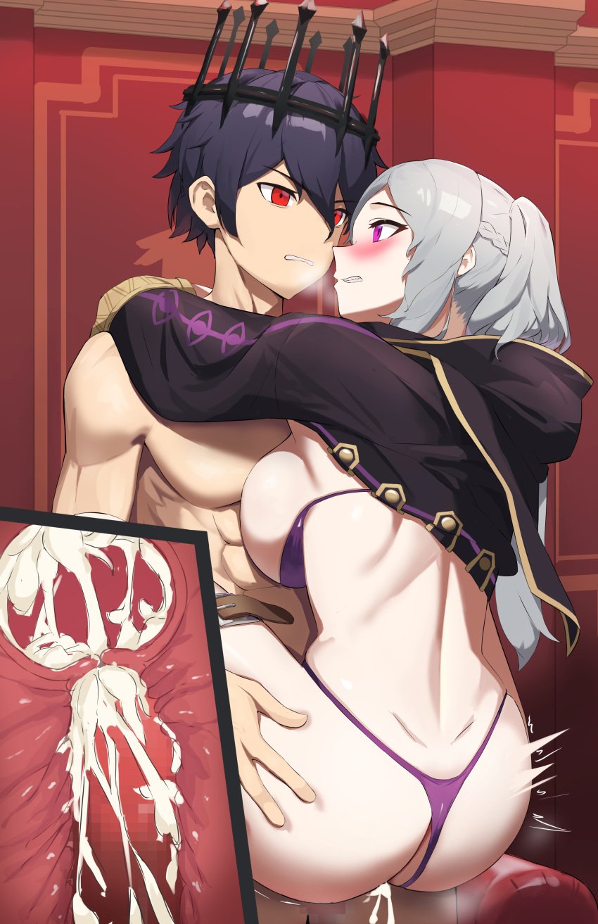 1boy 1girls abs arms_around_neck ass bangs black_coat blue_hair blush bra bra_down bra_pull braid breast_press breasts chrom_(fallen)_(fire_emblem) chrom_(fire_emblem) clothes_pull clothing_aside coat corruption cross_section crown cum cum_in_pussy cum_in_uterus cum_inside cumdrip ejaculation eyebrows_visible_through_hair eyelashes female fire_emblem fire_emblem_awakening gold_trim grima_(fire_emblem) hair_between_eyes hand_on_another's_thigh happy_sex heart highres hip_bones hip_focus hood hood_down internal_cumshot large_breasts leg_lift leg_up legs_apart long_hair male matching_underwear mazenda_(3378) medium_hair motion_lines muscular muscular_male nintendo open_mouth overflow ovum panties panties_aside pectorals penetration penis possession purple_bra purple_eyes purple_panties red_eyes robin_(fire_emblem) robin_(fire_emblem)_(female) sex silver_hair smile spread_legs standing standing_sex strap swept_bangs teeth thigh_strap thong throne twintails underwear upright_straddle uterus vaginal_penetration white_hair