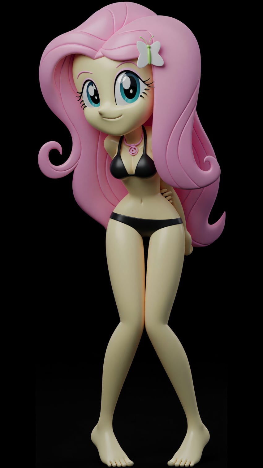 3d 3d_render ai_assisted barefoot bikini bikini_bottom bikini_top black_bikini equestria_girls feet fluttershy_(eg) fluttershy_(mlp) friendship_is_magic knees_together_feet_apart looking_at_viewer my_little_pony pigeon-toed shy tiptoes
