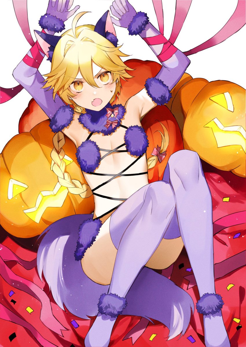 1boy aether_(genshin_impact) androgynous blonde_hair blush bondage crossdressing femboy feminization genshin_impact halloween humiliation koutarou male male_only micro_bikini solo solo_male tail thick_thighs thighhighs thighs trap wolf_ears wolf_tail yellow_eyes